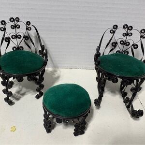 3 Piece Doll Furniture Black Chairs with Green Cushions. Table and Rocking Chair